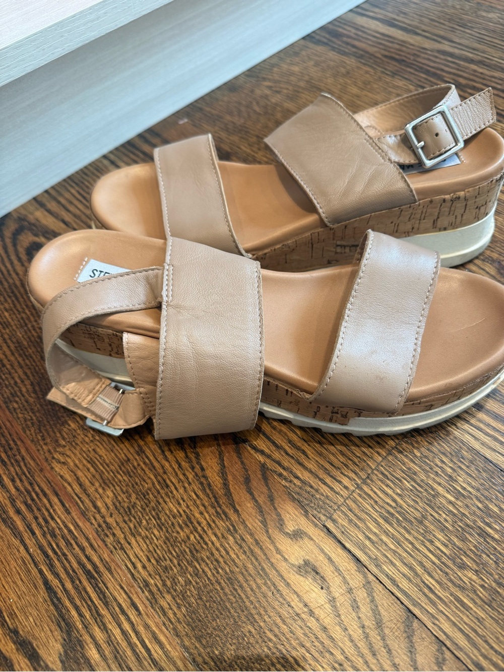 Steve Madden Beige Cork-Wedge Sandals with Ankle Buckle